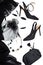 Halloween party female outfit collection accessories black on white background, shoes, cloth with skulls, jewelry, bag.