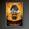 Halloween Party flyer vector illustration with black coffin on orange sky background. Holiday design with spiders and