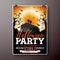Halloween Party flyer vector illustration with black coffin and zombie hand on orange moon sky background. Holiday