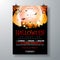 Halloween Party flyer vector illustration with scary faced pumpkin on mysterious moon background. Holiday design