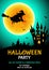 Halloween party flyer with witch silhouette, cemetery, castl