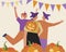 Halloween party, group of people with pumpkin, Flat vector stock illustration with Halloween night celebration and gerland