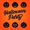 Halloween Party hand written lettering card with set of 6 jack o lantern pumpkin.