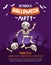 Halloween party invitation card or greeting card with dancing skull illustration and creepy background