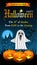 Halloween party invitation instagram stories template with ghost, haunted house, scary pumpkins, bats, ugly trees and moon.