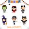 Halloween party kids character set. Children in a colorful Halloween costumes zombie, devil, skeleton, witch, broom, pirate, saber