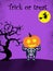 Halloween party for kids. A Children wearing pumpkin head Halloween costumes Under Under the moonlight on a purple background at