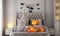 Halloween party poster in a modern classic haunted house bedroom with jack-o\\\'-lantern pumpkins.