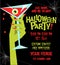 Halloween party poster template with monster hand holding martini glass filled with blood