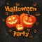 Halloween party poster with three smiling pumpkins and glowing f