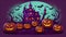 Halloween party. pumpkin head jack lanterns, burning candles, bats in dark spooky mystery forest at Halloween night. Ai generated
