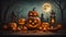 Halloween party. pumpkin head jack lanterns, burning candles, bats in dark spooky mystery forest at Halloween night. Ai generated