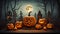 Halloween party. pumpkin head jack lanterns, burning candles, bats in dark spooky mystery forest at Halloween night. Ai generated