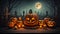 Halloween party. pumpkin head jack lanterns, burning candles, bats in dark spooky mystery forest at Halloween night. Ai generated