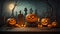 Halloween party. pumpkin head jack lanterns, burning candles, bats in dark spooky mystery forest at Halloween night. AI generated