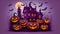 Halloween party. pumpkin head jack lanterns, burning candles, bats in dark spooky mystery forest at Halloween night. AI generated