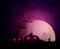 Halloween party with pumpkins devils celebrated with their friends in full moon dark night background