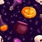 Halloween party seamless pattern with cauldron boiling the potion, pumpkin, skull and poison bottles