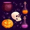 Halloween party set with cauldron boiling the potion, pumpkin, skull and poison bottles