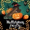Halloween party, square invitation poster with wooden sign, witch hat and pumpkin Jack