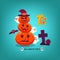 Halloween Party Stack Pumpkin With Ghost Bat and Headstone Poster Illustration Flat Design