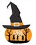 Halloween party template. Witches dance with brooms. Halloween coven. Black silhouettes of women and trees on orange background