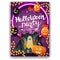 Halloween party, vertical invitation poster with bright design, Halloween ballons, autumn leafs, portal with ghosts and pumpkin