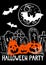 Halloween party vertical poster. Smiling spooky orange pumpkins. Cemetery with headstone gravestone and Celtic cross