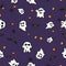 Halloween pattern black bats, white ghost and orange pumpkin on violet background