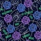 Halloween pattern with otherworldly blooming blue, violet vintage roses, grunge silhouette of spider, text, bones