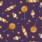 Halloween pattern with sweets and lollypops on blue background. Seamless vector hand drawn halloween set with lollipop