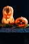 Halloween photo of two pumpkins and eyeballs