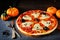 Halloween pizza, close up on a dark background