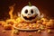 Halloween pizza, holiday food menu. Jack pumpkin smiles next to the pizza. Halloween pumpkins with fire background