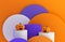 Halloween Podium with pumpkins for product display on funny circles light on purple and orange background