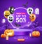 Halloween podium purple color, pumpkin, balloons, ghost, candle, and bat flying, poster flyer design on purple background