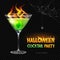 Halloween posion with burning eye. Halloween cocktail party poster. Realistic cocktail glass isolated on transperent background