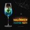 Halloween posion with burning eye. Halloween cocktail party poster. Realistic wine glass isolated on transperent background