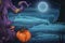 Halloween poster background. Spooky landscape with tree, pumpkin and moon