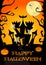 Halloween poster with castle, ghosts, pumpkin, trees, bats