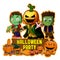 Halloween poster design with vector zombie, Frankenstein and Pumpkin Cartoon Characters