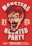 Halloween poster with dracula with a grinning fang grin and monsters haunted party custom typography on red background, haunted