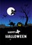 Halloween poster with pumpkins, ghosts, black cat, gloomy graveyard landscape. Festive postcard. Vector illustration.