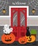 Halloween Poster with red front door. Three ghosts fly out of the pumpkin. The cat is sitting on a pumpkin.