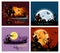 Halloween posters with a moon, haunted house, cemetery, pumpkins and a flying witch