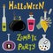 Halloween potions in glass bottles and cauldron. Poison in scary zombie hand. Zombie party lettering. Isolated vector illustration