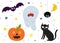 Halloween print with spooky black cat, pumpkin, ghost. Autumn holiday background