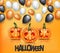 Halloween promotion design page with orange pumpkins and helium balloons.