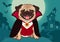 Halloween pug dog in vampire costume cartoon illustration. Cute