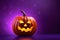 Halloween pumkin with creepy grinning smile on purple background with copy space, 3d illustration for Happy Halloween party.